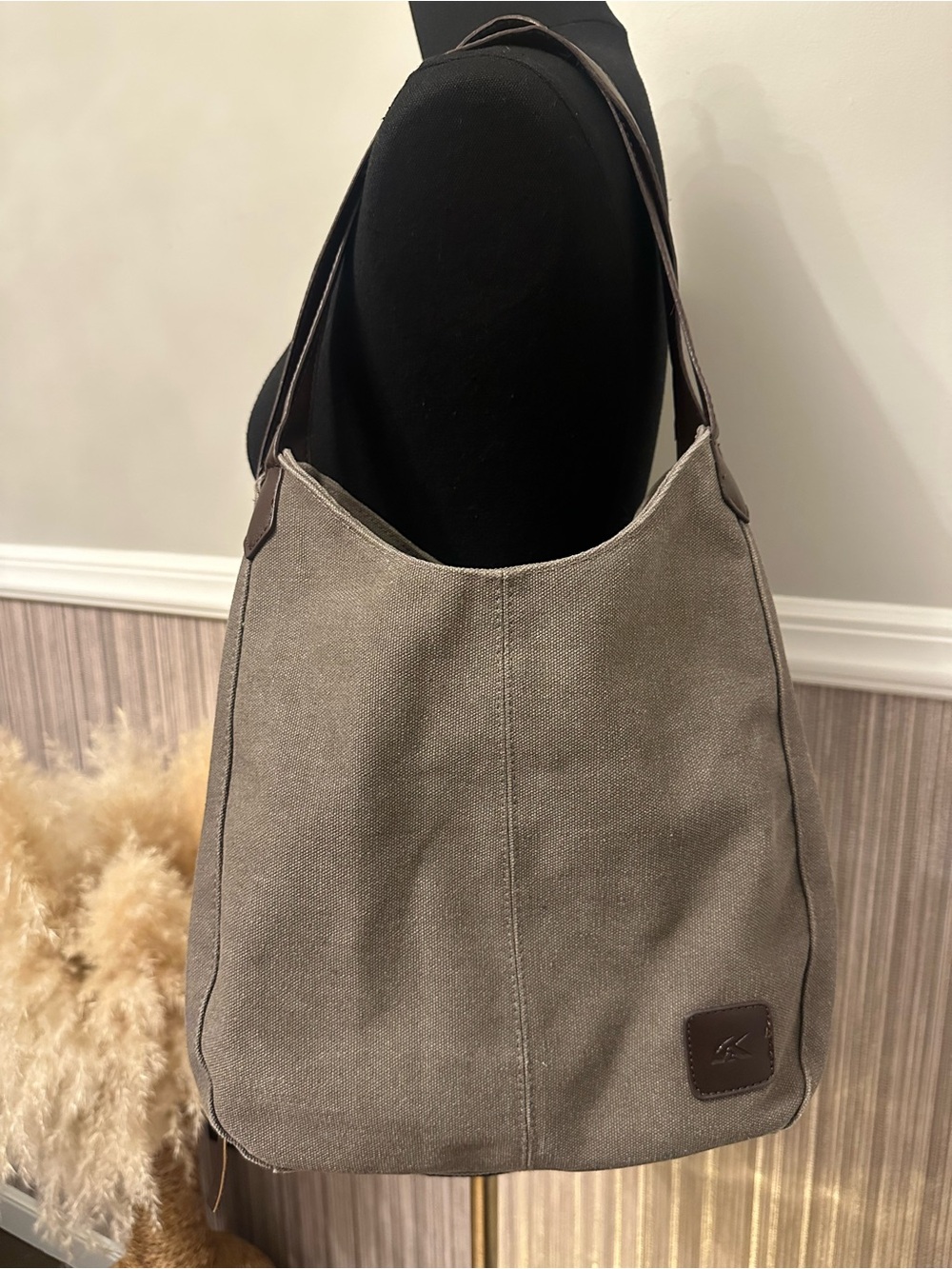 Gray Canvas Hobo Shoulder Bag Brown Faux Leather Trim Large Slouchy Tote